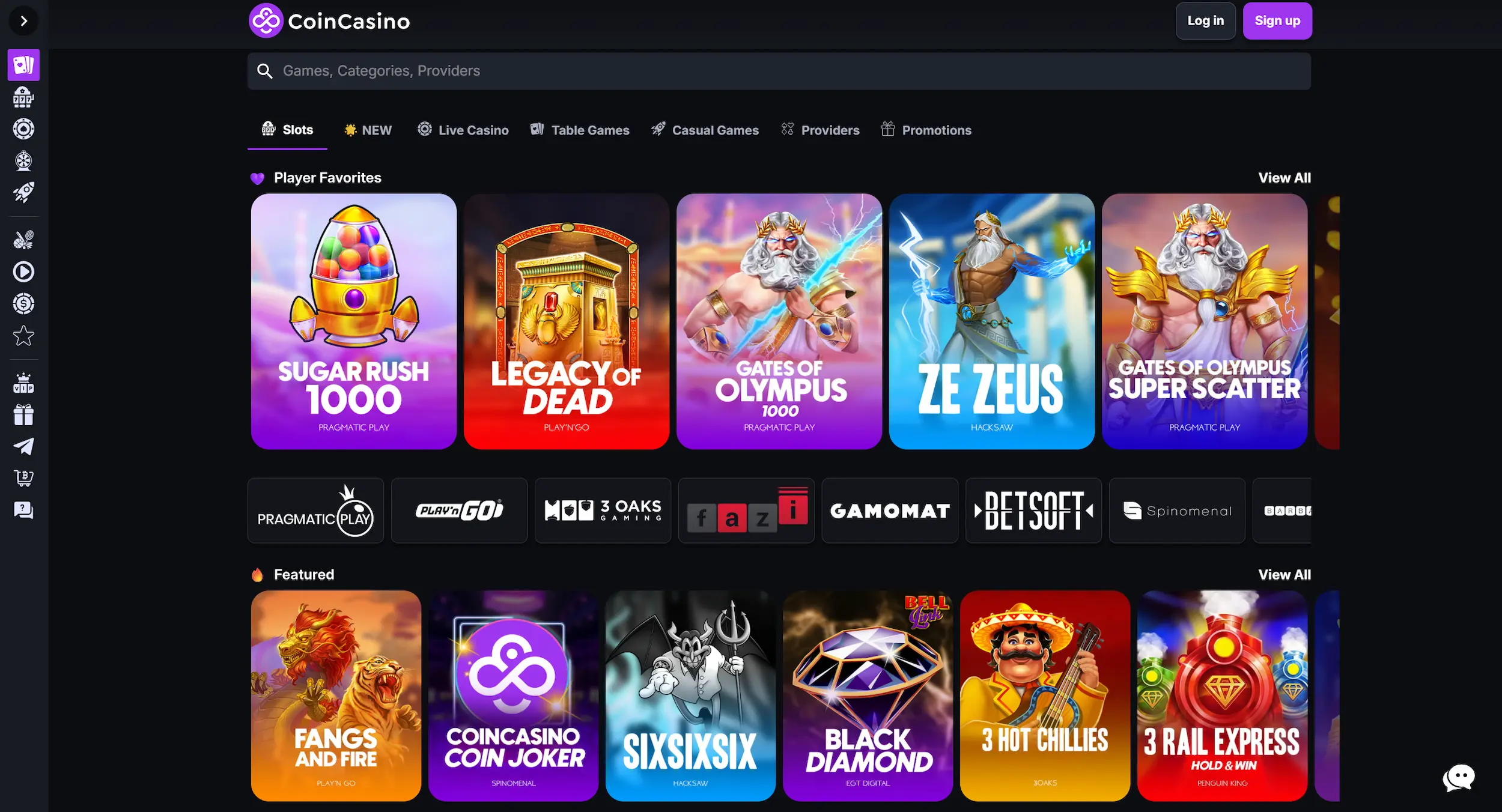CoinCasino frontpage showing selection of pokies, software providers and site navigation