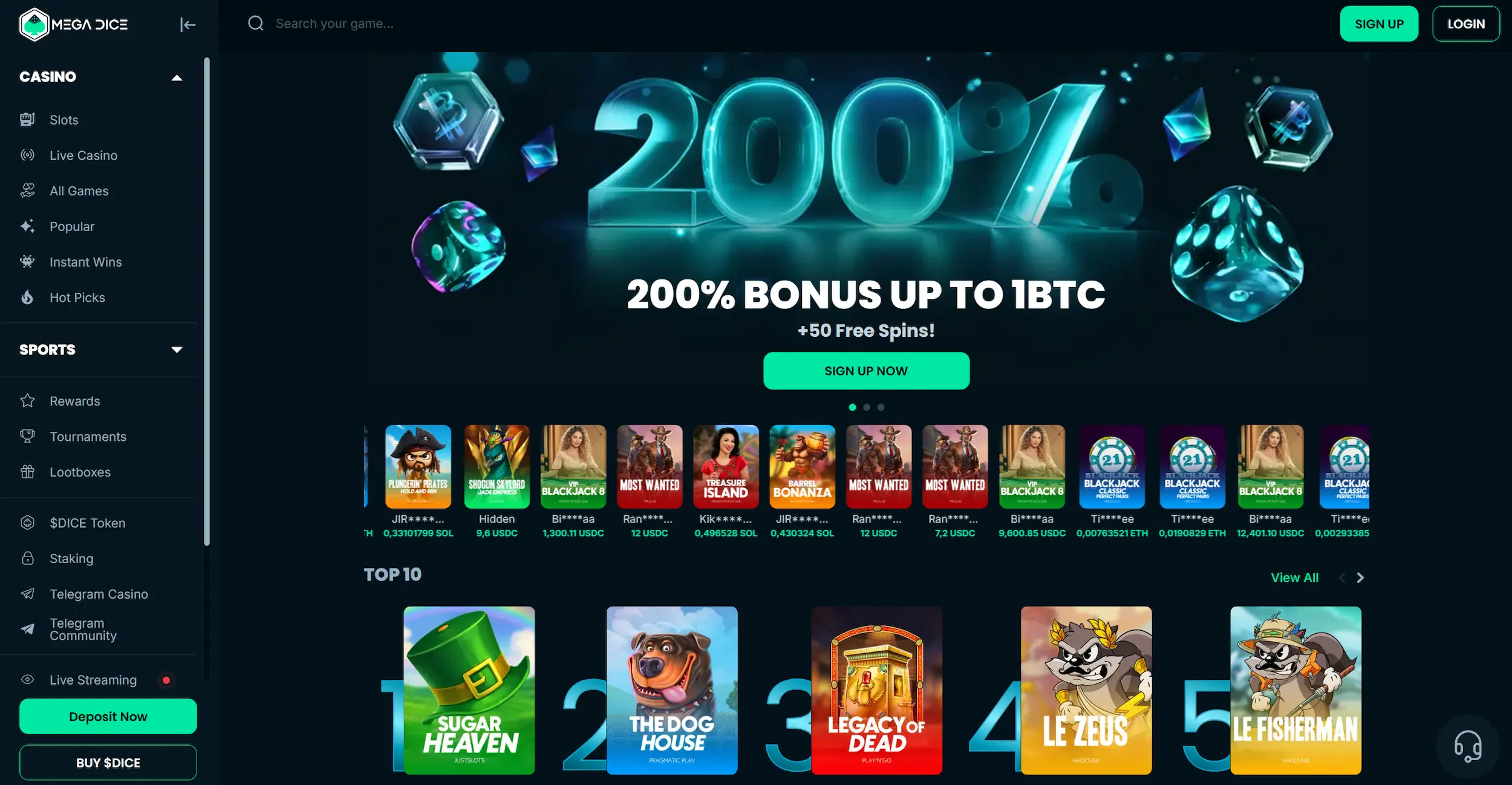 Mega Dice casino frontpage showing welcome offer, top online pokies and site navigation