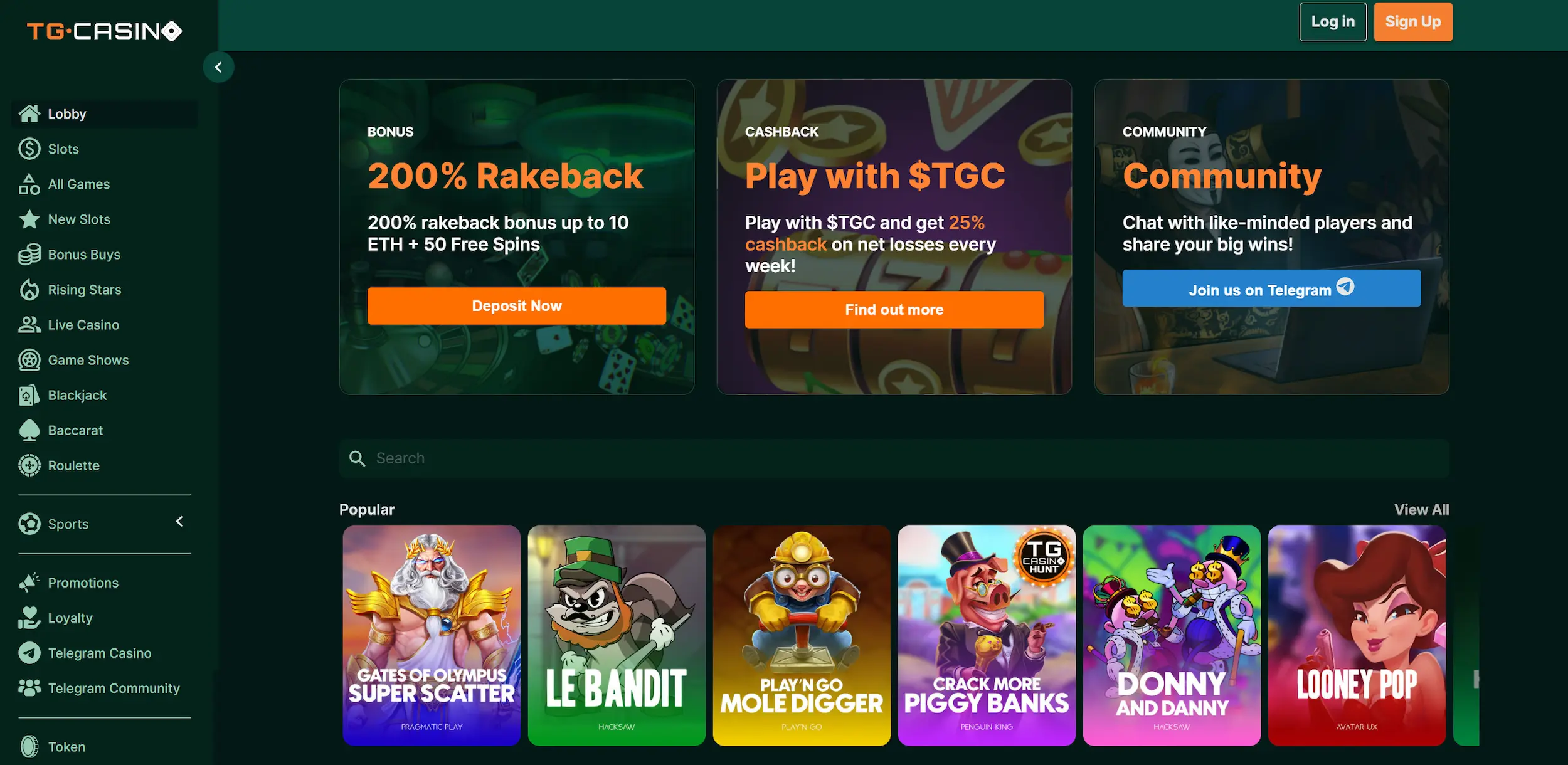 TG Casino frontpage showing bonus offers, popular online pokies and site navigation